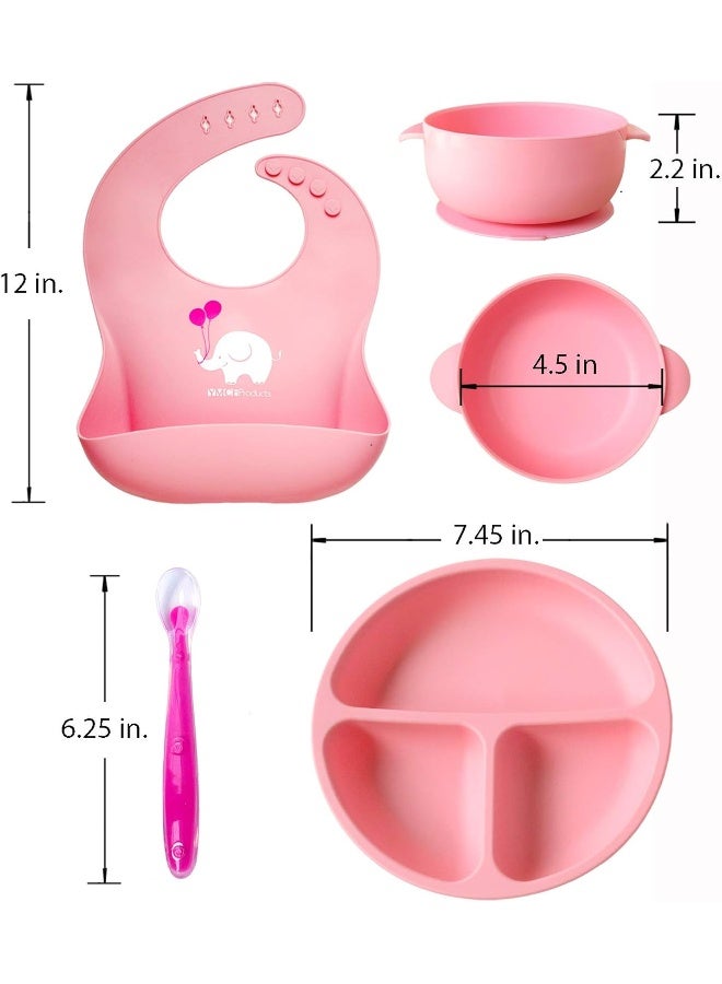 YMCF Products Baby or Toddler Feeding Set | Silicone Bib, Divided Plates, Suction Bowls & Spoons, Dishwasher-Safe, Easy-Wipe Cleaning (Pink) - Image 2